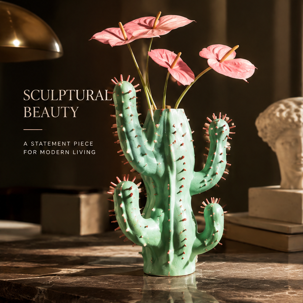 Unique Cactus Shape — close-up of handcrafted pink-tipped spines on mint green ceramic cactus vase body