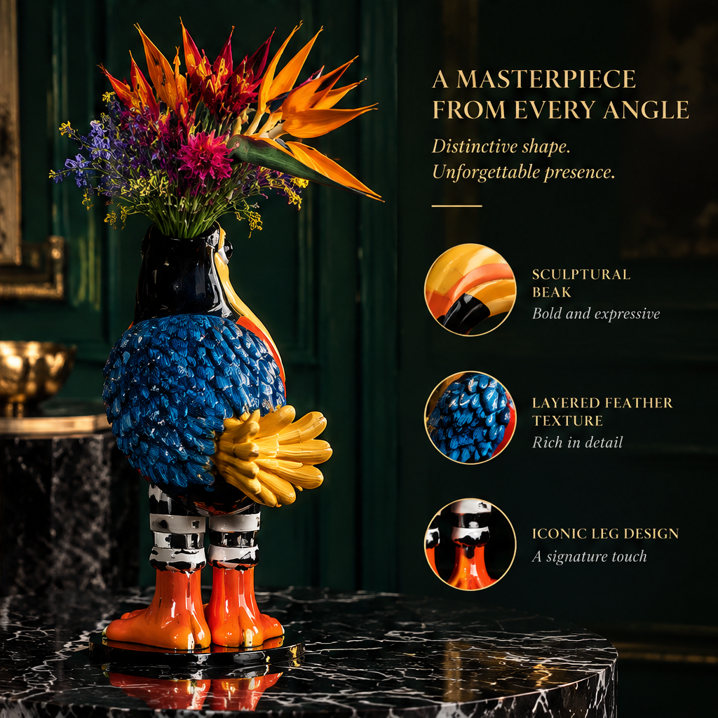 Bold Colors Timeless Appeal — close-up of toucan vase beak showing yellow to orange gradient glaze and expressive eye