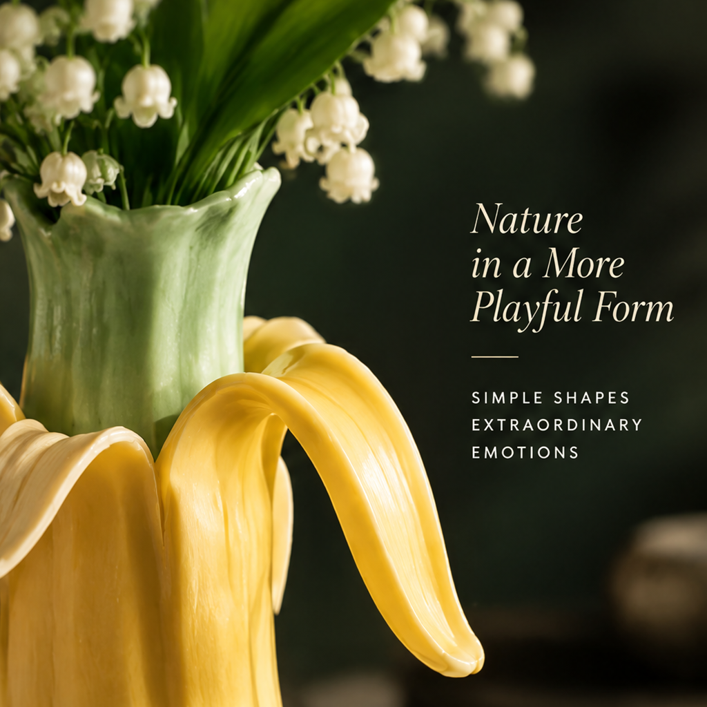 Art in Every Angle — peeled banana ceramic vase laid on its side on marble surface with lily of the valley beside it