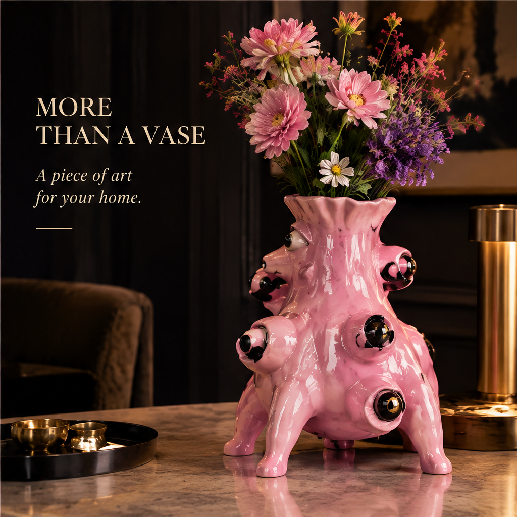 Exquisite Details — close-up of pink ceramic monster vase eyes with gold iris rings and black pupils crafted with artistic soul