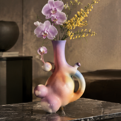 Close-up of gradient ceramic vase surface showing natural gradients and handcrafted texture detail