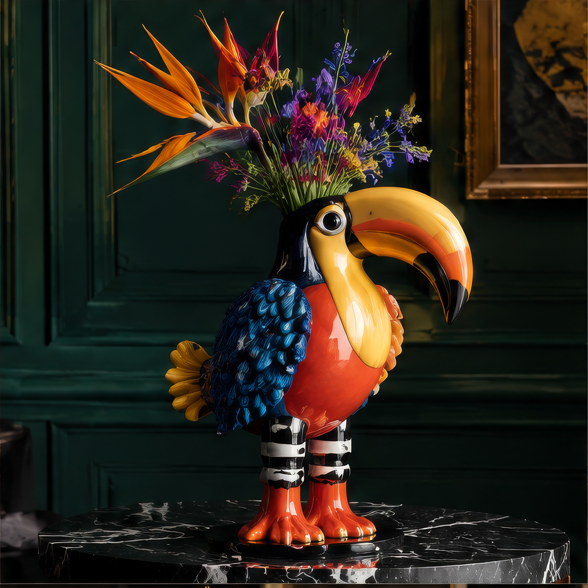 A Masterpiece From Every Angle — sculptural beak, layered feather texture, and iconic striped leg design detail shots