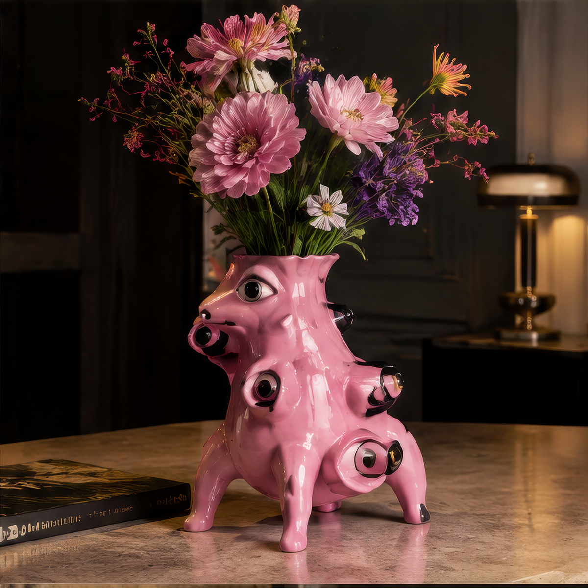 More Than a Vase — pink glossy monster pig vase with flowers in warm ambient light with gold accents