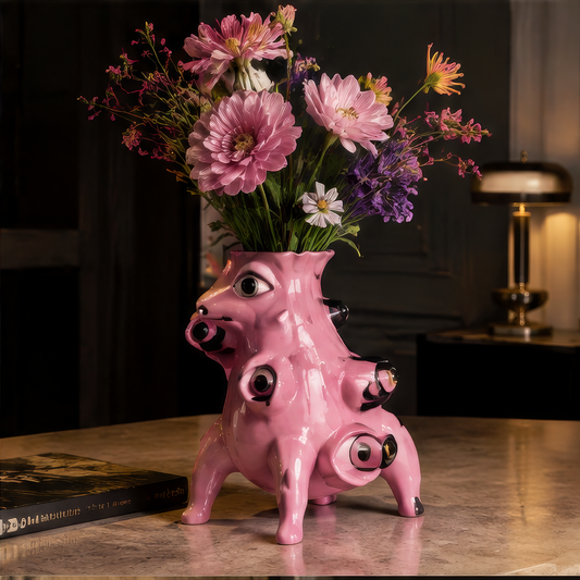 More Than a Vase — pink glossy monster pig vase with flowers in warm ambient light with gold accents