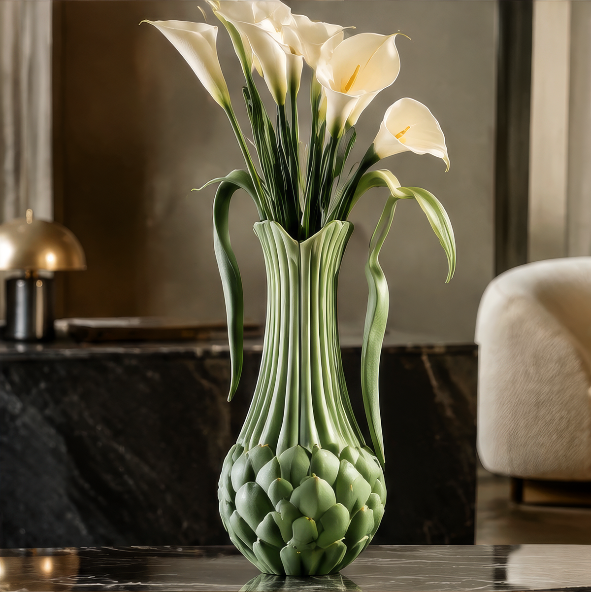 Timeless Beauty — sage green artichoke ceramic vase with calla lilies on black marble in luxury dark interior setting