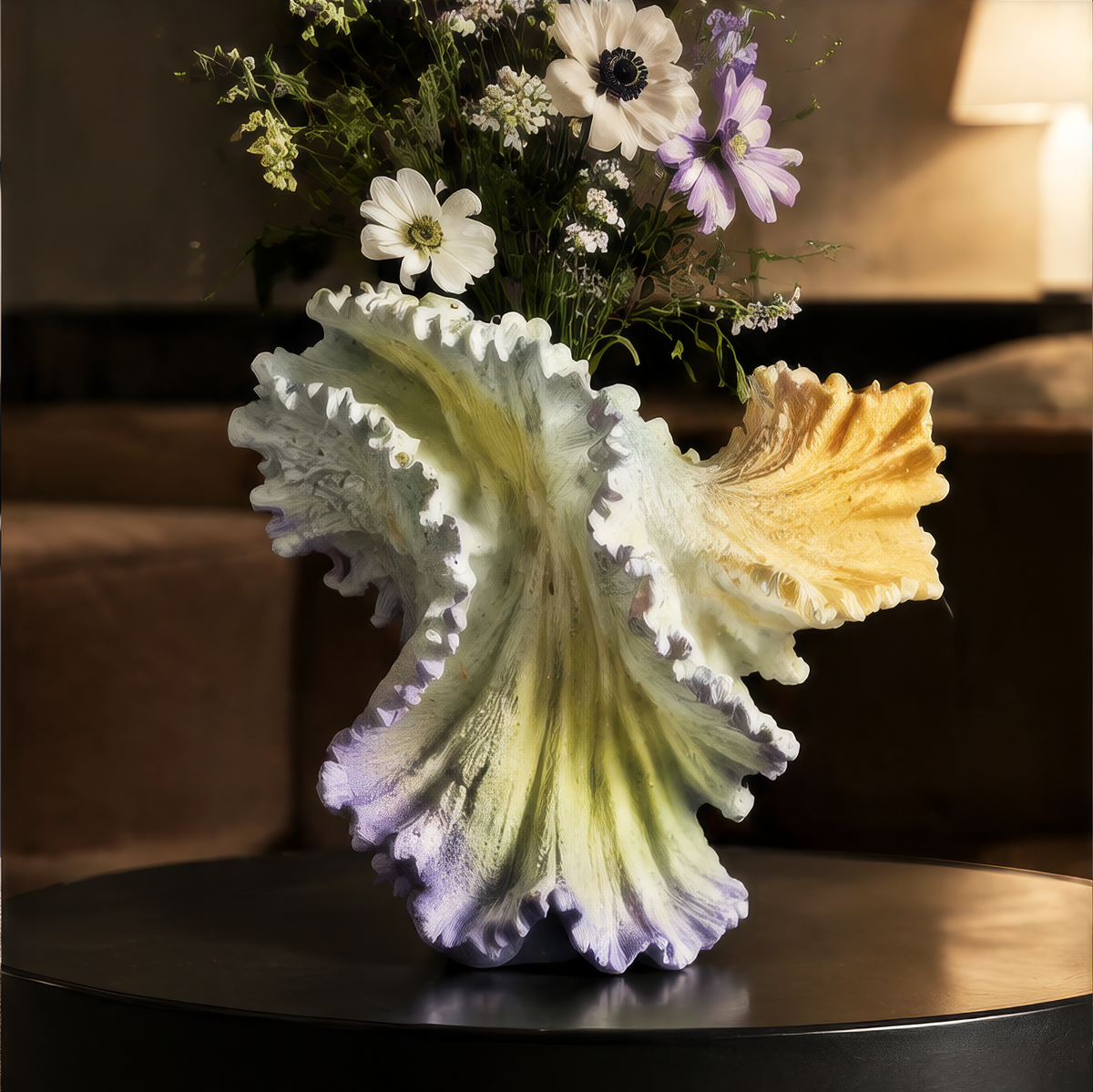 Ruffled wave vase with natural gradient glaze on dark table with white anemones and purple wildflowers — Timeless Beauty scene