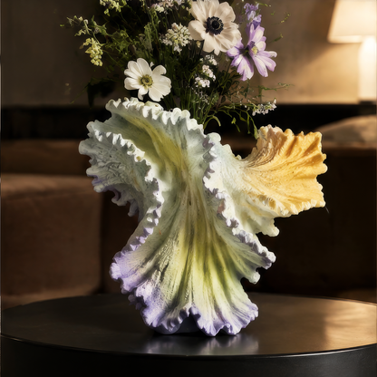 Ruffled wave vase with natural gradient glaze on dark table with white anemones and purple wildflowers — Timeless Beauty scene