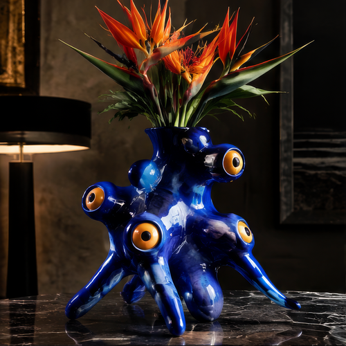 From Every Angle Extraordinary — overhead view of cobalt blue octopus vase with Bird of Paradise on dark marble