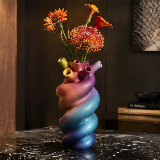 Premium Craftsmanship close-up — hand-finished texture and exquisite gradient color in pink and blue ceramic material