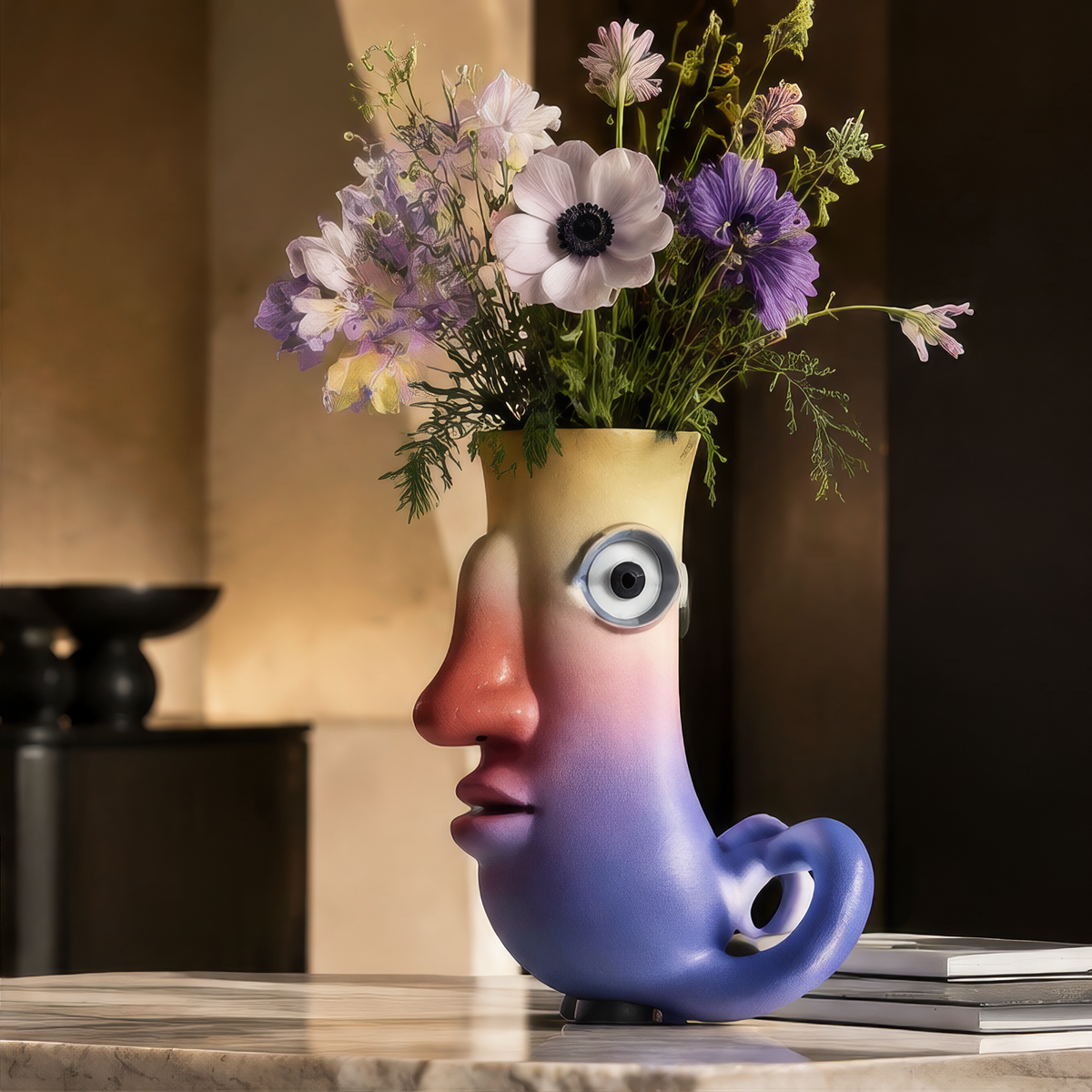 Abstract face vase with gradient glaze displayed on marble table with wild purple and white flowers — full lifestyle scene