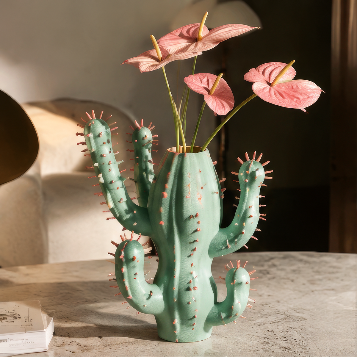 Thoughtful Design — overhead view of mint green cactus vase showing smooth interior, stable base, and pink spike details
