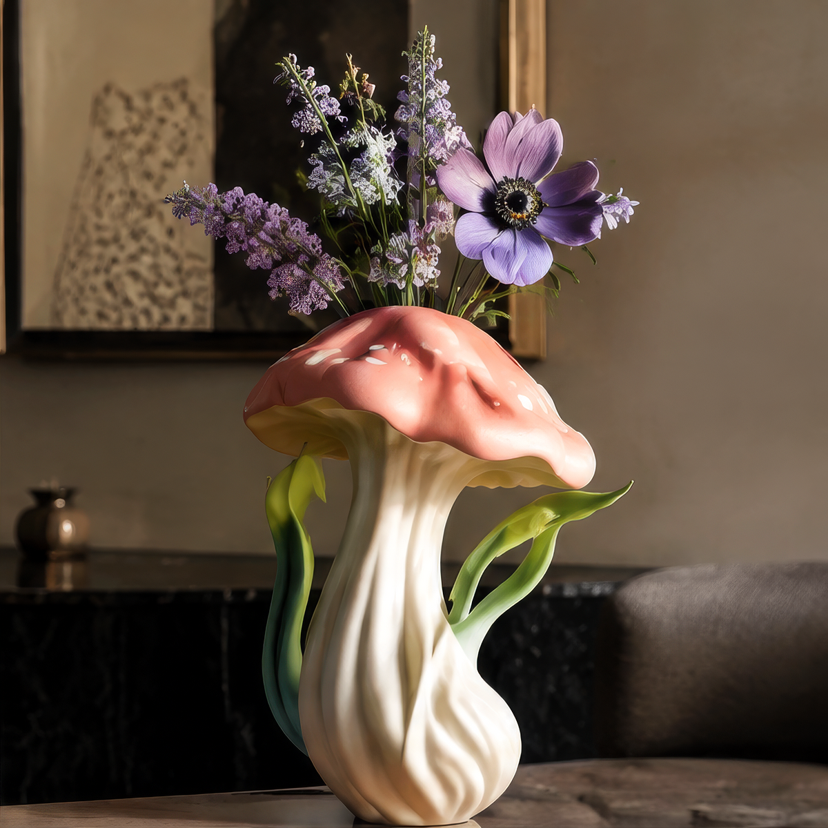 Soft Pastel Hues — mushroom vase close-up on black marble showing pink, white, green and lavender color palette options