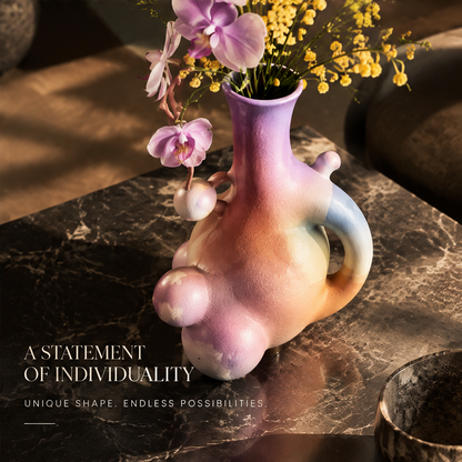 Low angle view of gradient ceramic vase showing unique silhouette and sculptural design