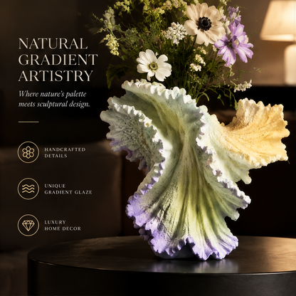 Ruffled wave vase full product view on dark round table with wildflower bouquet in warm ambient light