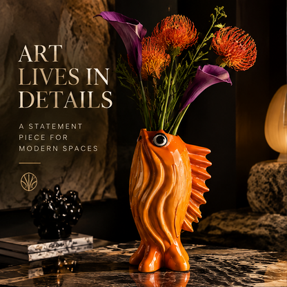 Orange goldfish sculptural vase with wave texture and ceramic glaze on dark marble with purple calla lily and orange protea bouquet