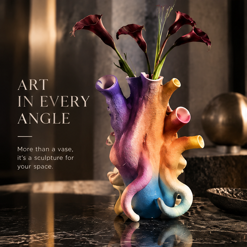 Multi-opening sculptural vase with gradient glaze — full front view showing organic curves and purple to gold color flow