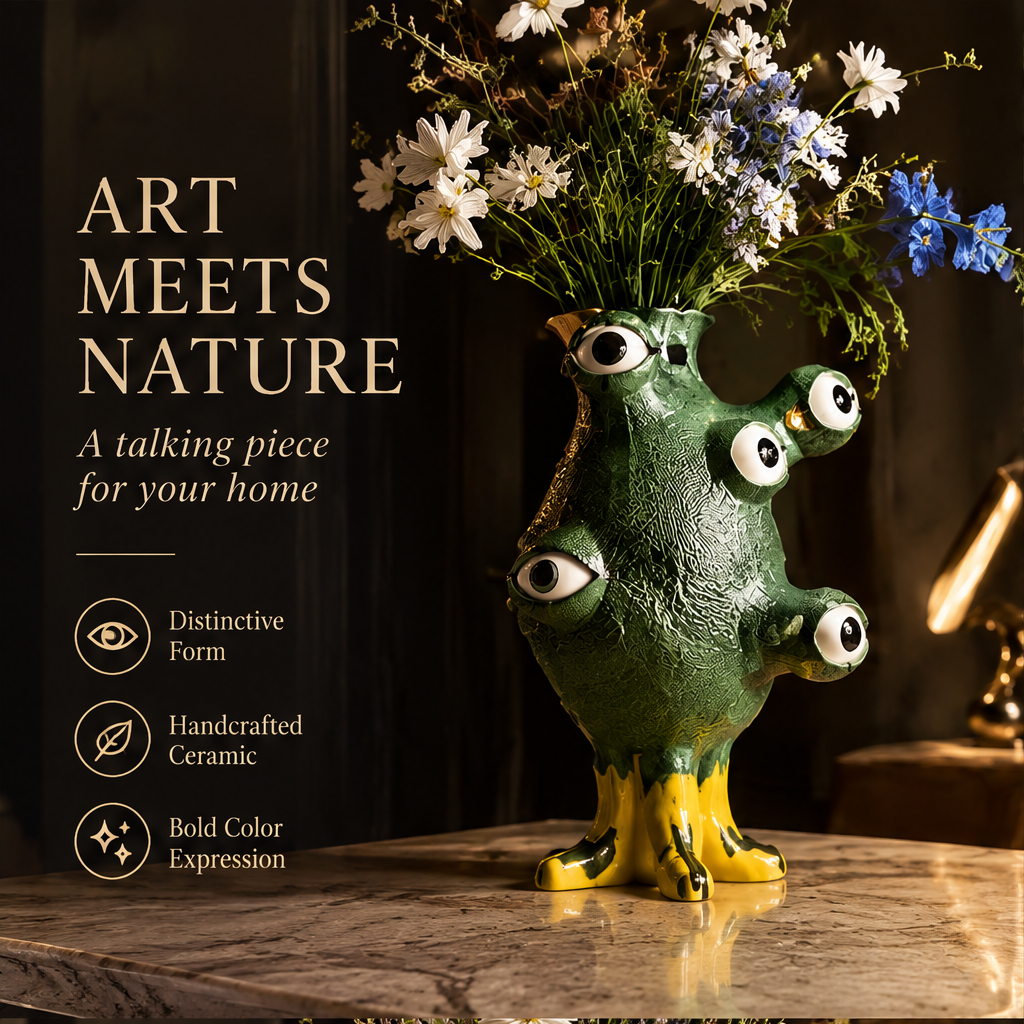 Multi-eye green monster vase with yellow feet on marble surface with white and blue wildflowers — full product front view