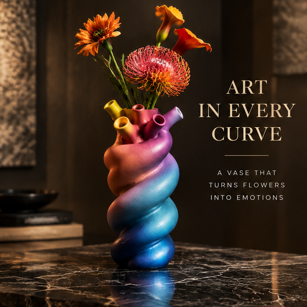 Twisted spiral vase with multi-neck design on black marble table with orange gerbera and calla lily flowers — full product scene