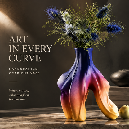 Organic flame vase side view showing flowing leg-like base and gradient color — styled with golden decorative objects
