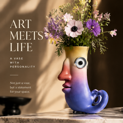 Abstract face vase Art Meets Life — side profile with fresh flowers in warm light setting