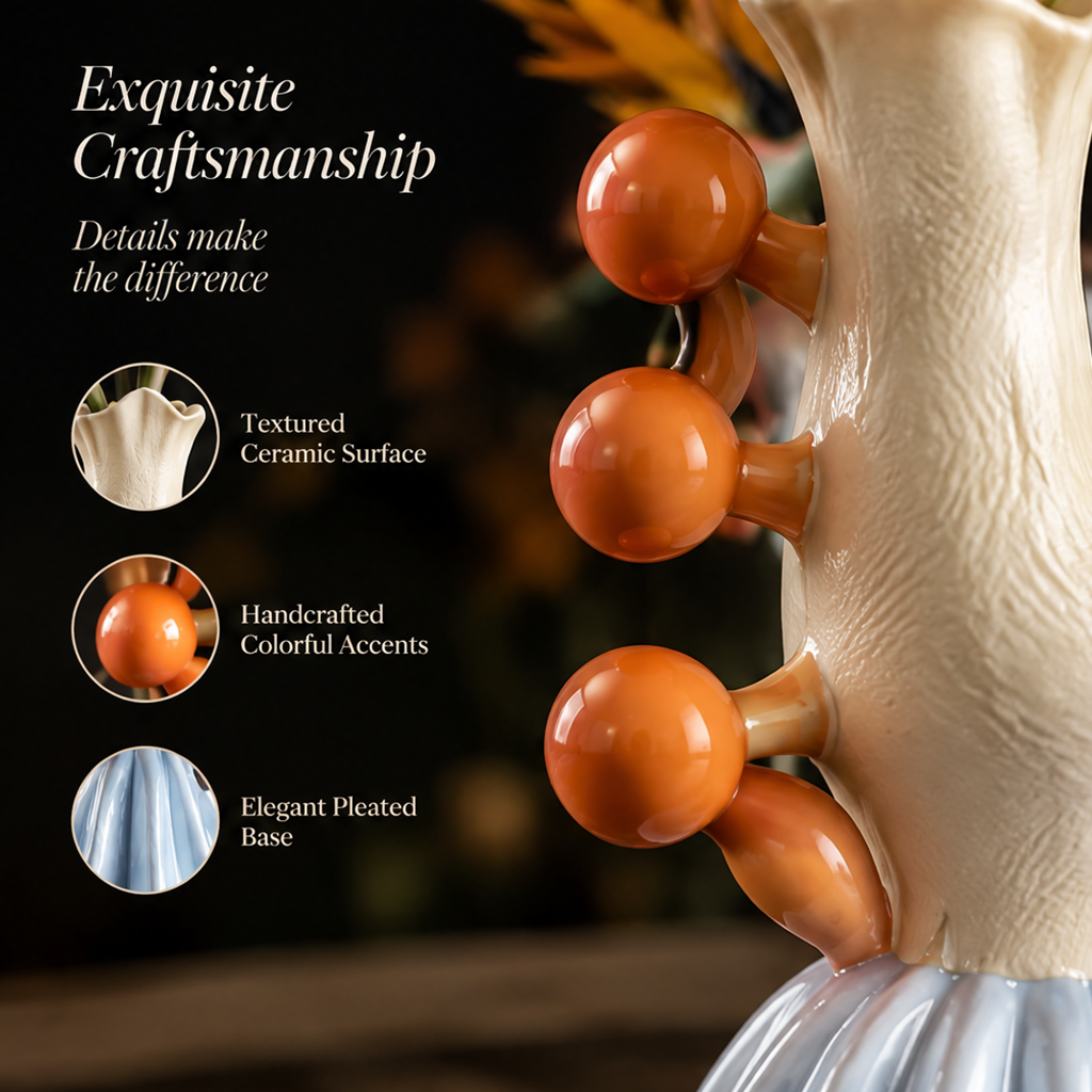 Exquisite Craftsmanship — close-up of handcrafted orange ball accents on textured cream ceramic stem with elegant pleated base detail
