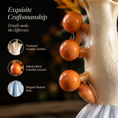 Exquisite Craftsmanship — close-up of handcrafted orange ball accents on textured cream ceramic stem with elegant pleated base detail