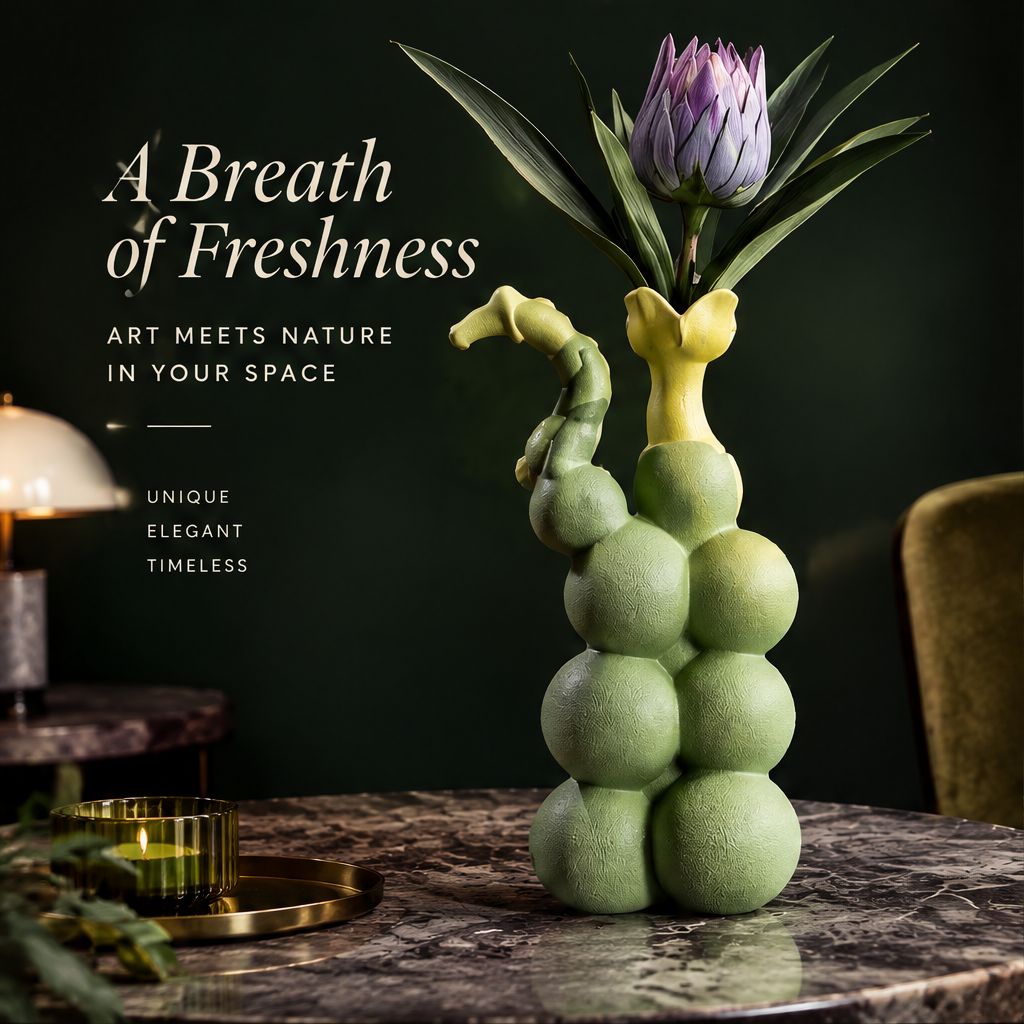 Bubble ball stack vase with yellow floral rim and seahorse handle in sage green ceramic with purple king protea on dark marble