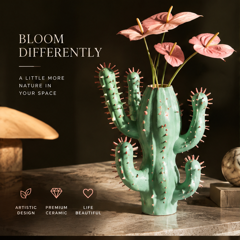 Mint green cactus vase with pink spike details and premium ceramic on stone surface with pink anthurium flowers