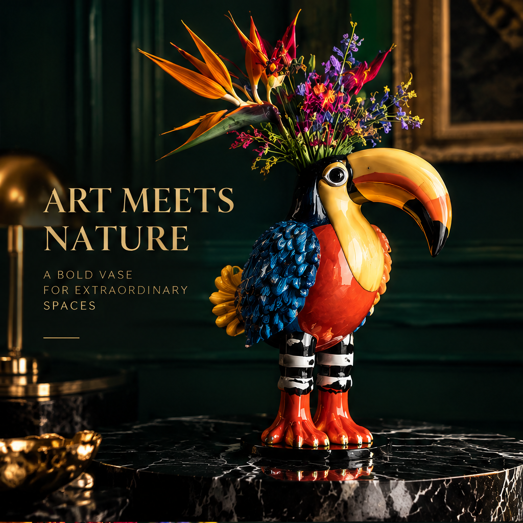 Toucan bird vase with striped legs and vibrant ceramic glaze on black marble with Bird of Paradise and wildflower bouquet