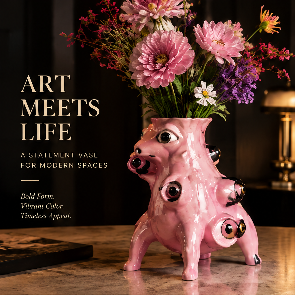 Pink multi-eye monster pig vase with glossy ceramic glaze on marble surface with pink gerbera and wildflower bouquet