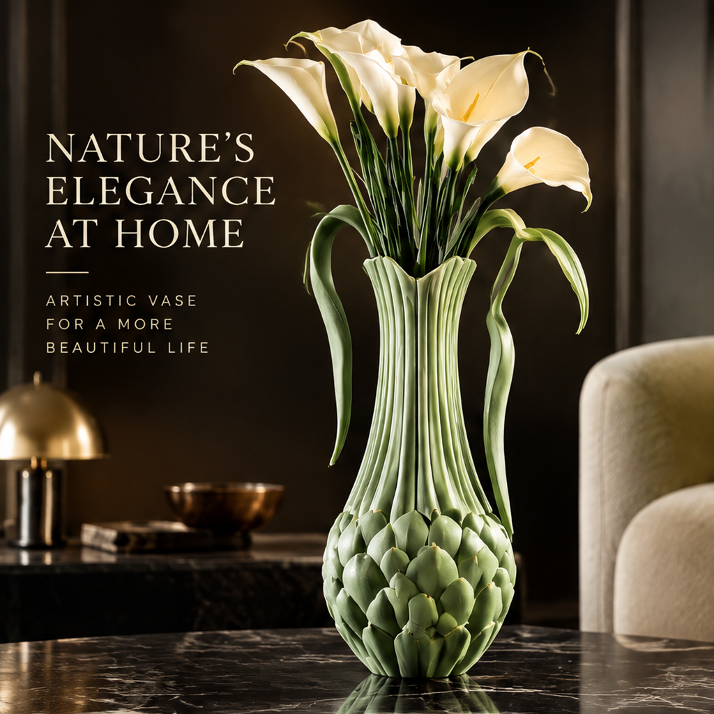 Artichoke base sculptural vase with ribbed stem and leaf handles in sage green ceramic with white calla lily bouquet on dark marble