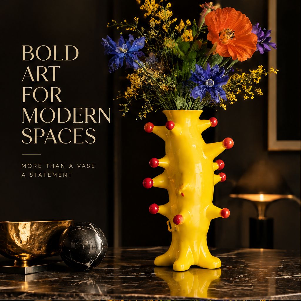 Yellow tree trunk vase with red ball studs and glossy ceramic glaze on wooden table with orange poppy and blue wildflower bouquet