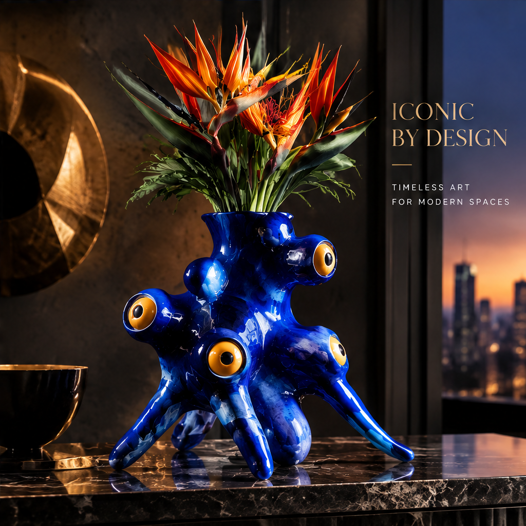 Eye-embellished alien octopus vase in cobalt blue glaze on dark marble with Bird of Paradise flowers — full product scene