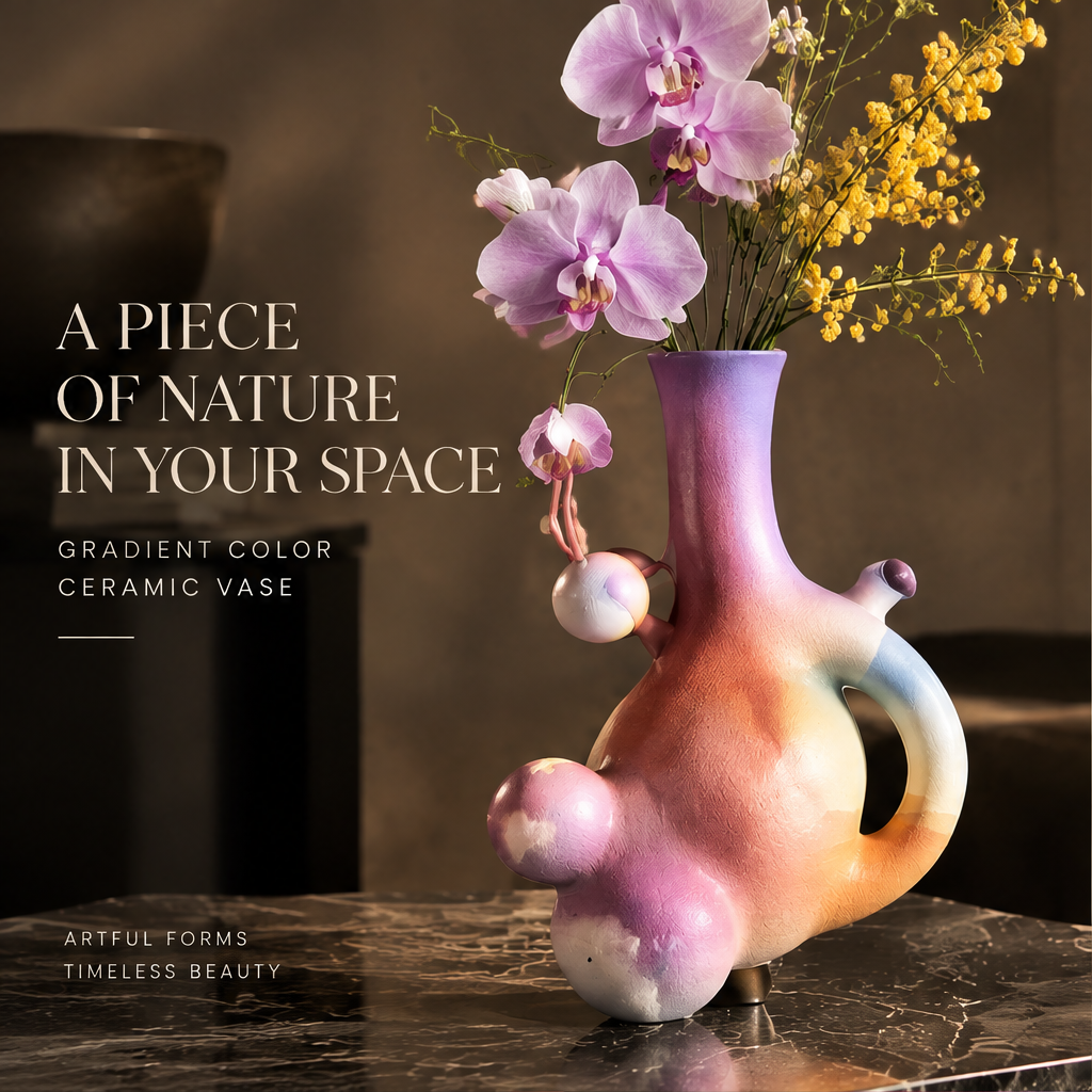 Gradient ceramic vase with sculptural form displayed on marble table with fresh orchids and yellow flowers — front full view
