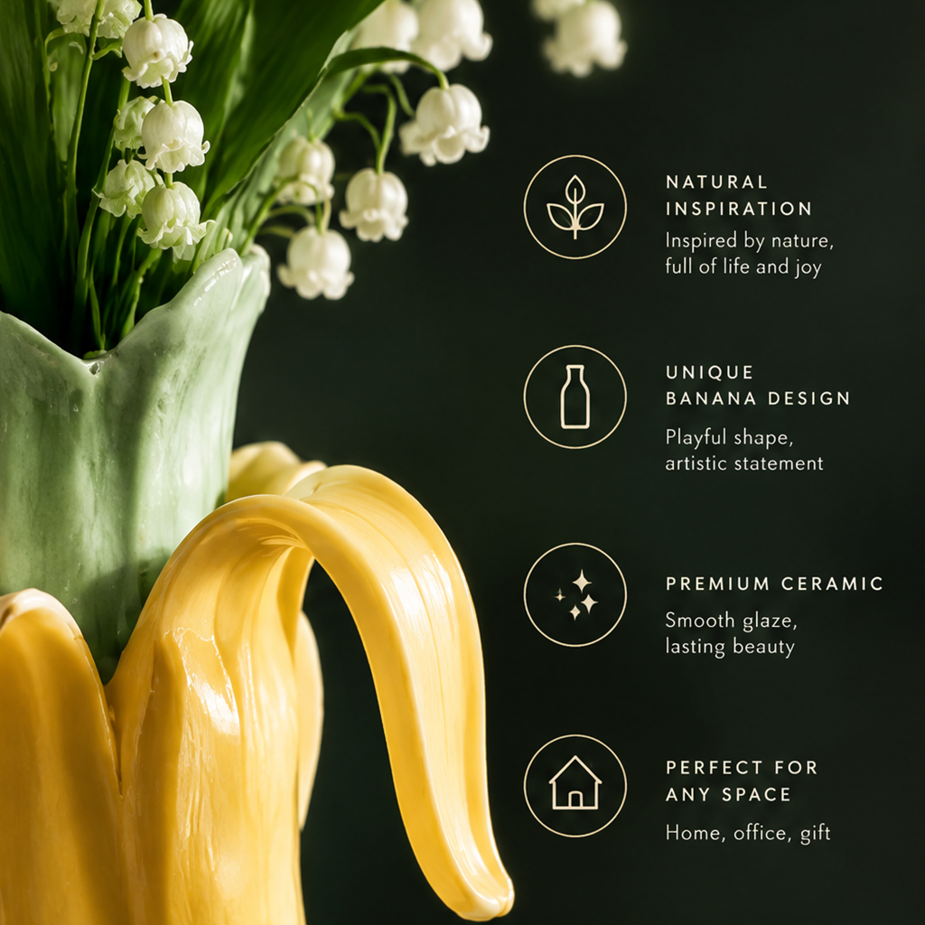 A Fresh Touch — peeled banana vase with mint green inner sleeve and lily of the valley — bloom your daily beauty