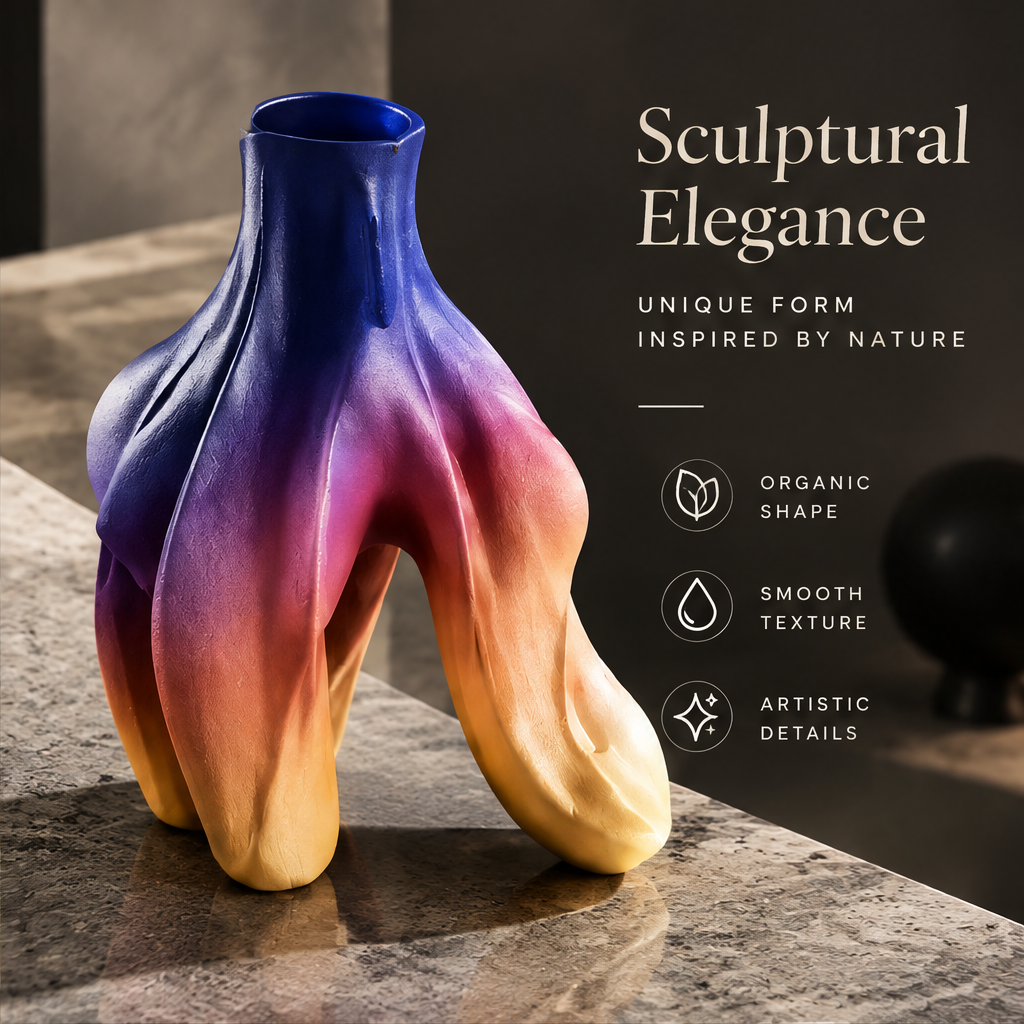 Art In Every Curve — handcrafted gradient vase with blue thistle in warm ambient light, side angle view