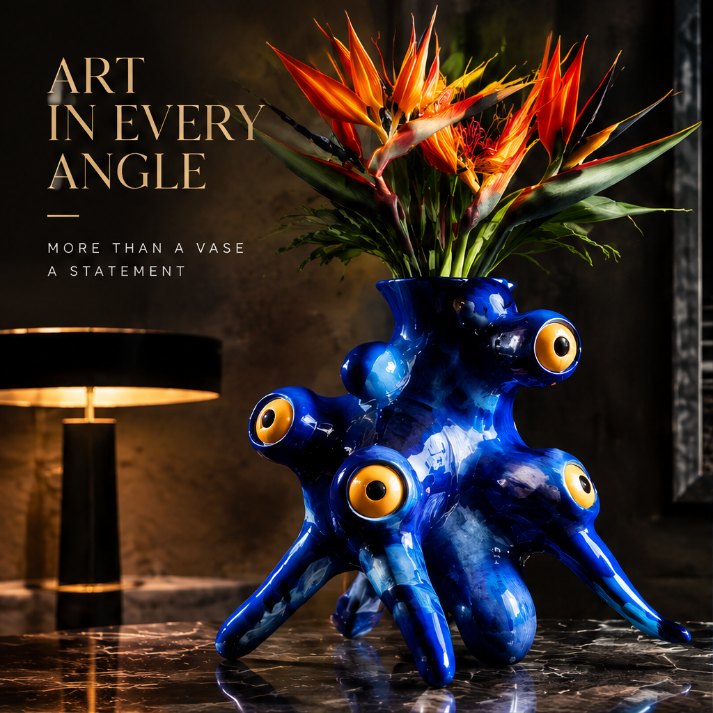 Iconic By Design — cobalt blue eye vase with Bird of Paradise flowers against city night skyline background