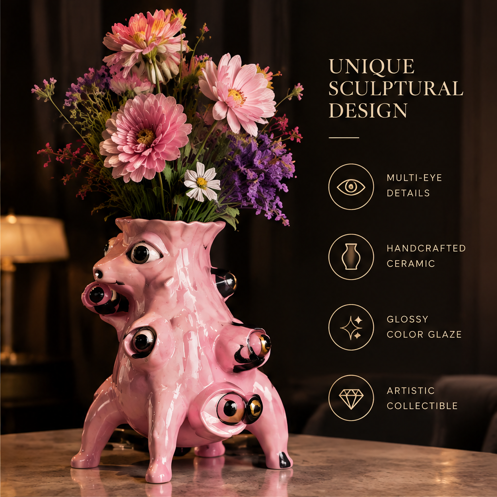 Art Meets Life — pink four-legged monster vase with multiple expressive eyes and pink flower arrangement in dark interior