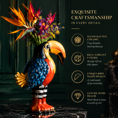 Art Meets Nature — toucan ceramic vase with bold beak and feather texture in dark green gallery interior scene