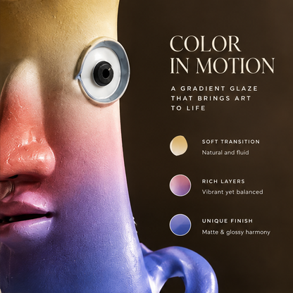 Close-up of gradient glaze color detail — soft transition from warm yellow to pink to periwinkle blue