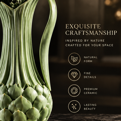 Nature’s Elegance at Home — sage green artichoke vase with leaf handles and white calla lilies on marble in warm interior