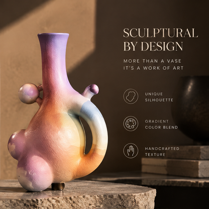 Gradient ceramic vase with purple orchids on marble table — clean studio presentation