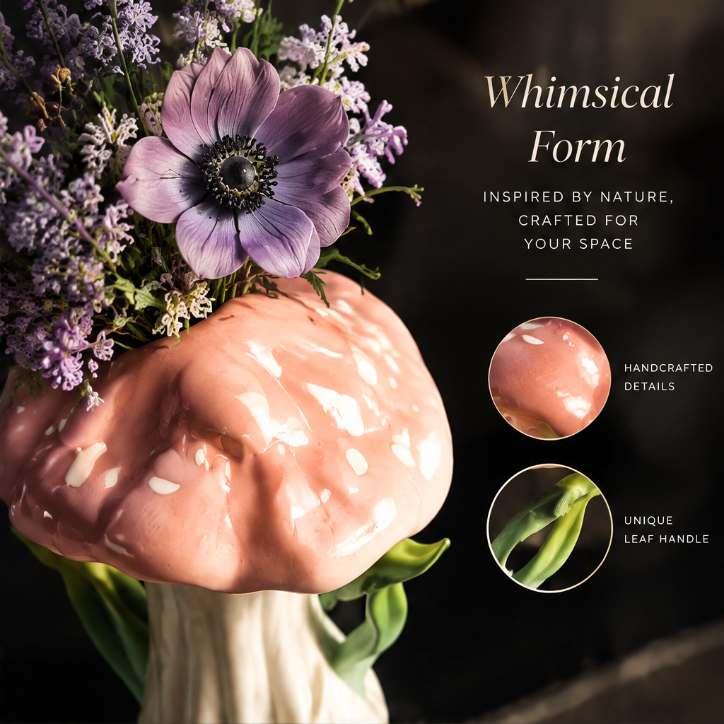 Nature in Bloom — mushroom ceramic vase with pastel glaze, green leaf handle and purple wildflower arrangement on dark marble