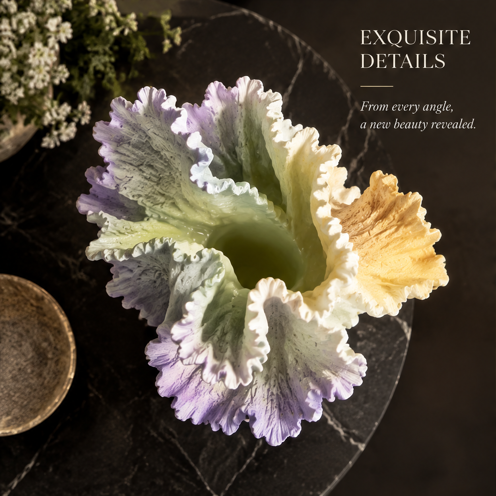 Sculptural Elegance — ruffled wave vase standalone in warm light showing sweeping form and lavender to yellow gradient