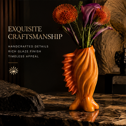 Bold Sculptural Design close-up — orange ceramic fish vase showing expressive eye and ridged fin detail inspired by nature