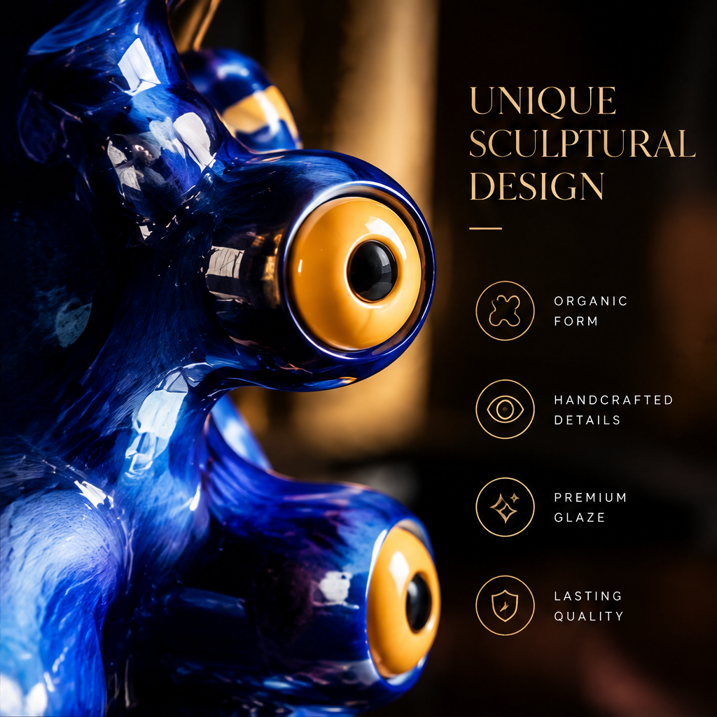 Art In Every Angle — cobalt blue alien vase with amber eye embellishments in warm lamp-lit interior scene
