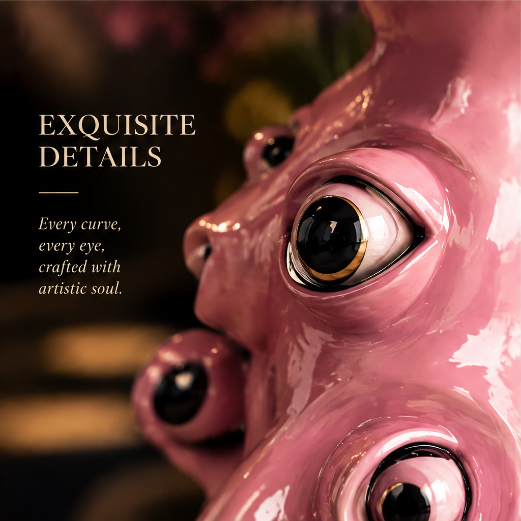 Unique Sculptural Design — pink monster vase showing multi-eye details, handcrafted ceramic, glossy glaze and artistic collectible features