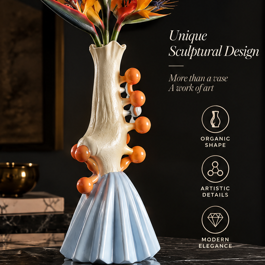 Pleated skirt base vase with orange ball accents and cream textured ceramic body with bird of paradise flowers in natural light