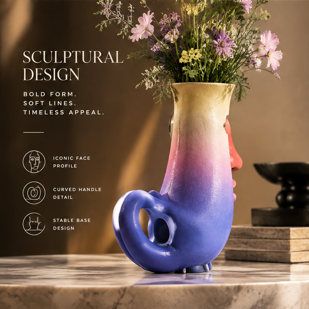 Abstract face vase back view showing sculptural design — iconic face profile, curved handle, and stable base