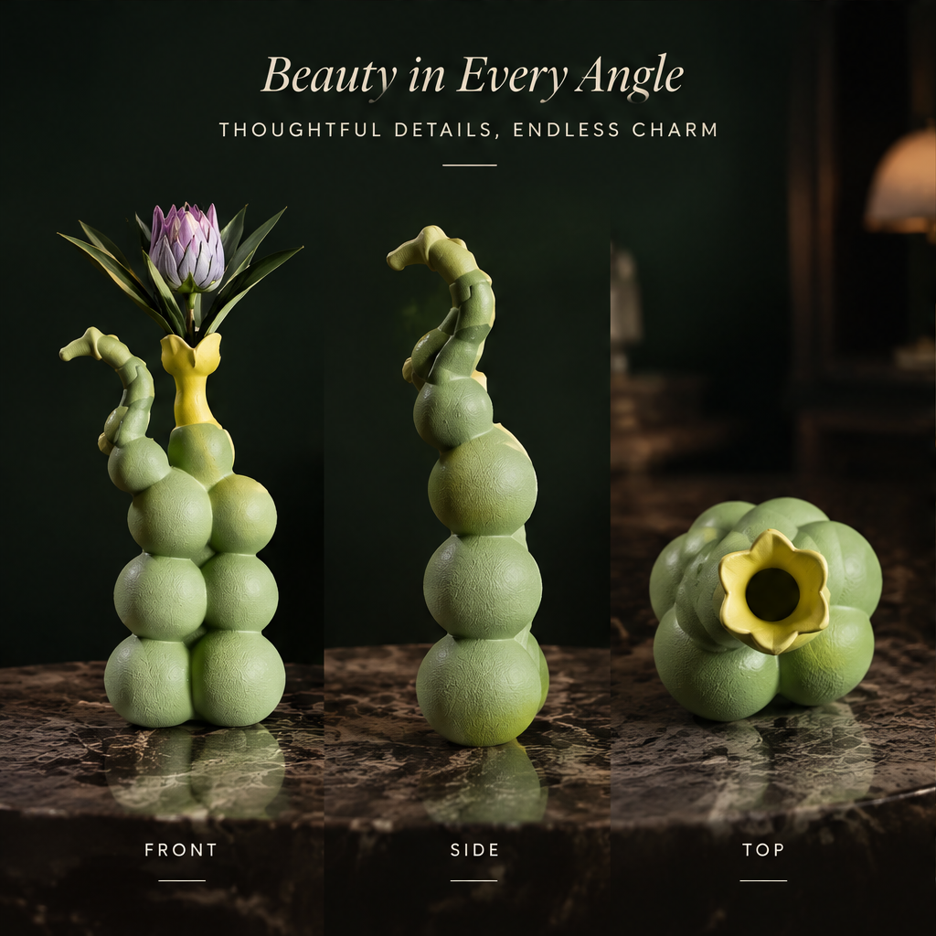 Distinctive Sculptural Design — close-up of yellow floral rim and textured sage green sphere body with unique shape and artistic details